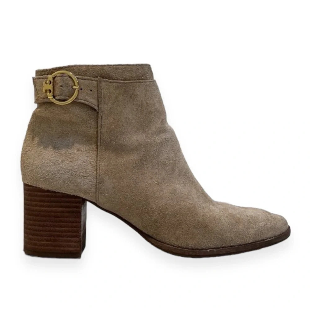 Tory Burch Sophia Tan Suede Block Heel Designer Bohemian Logo Booties 6 WORN
